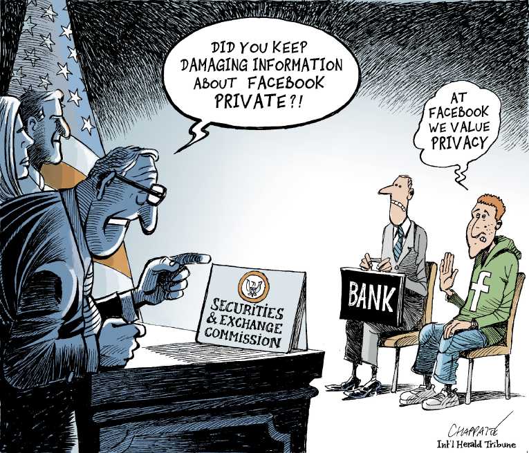 Political/Editorial Cartoon by Patrick Chappatte, International Herald Tribune on Facebook Stock Price Plunges