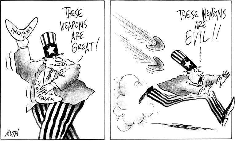 Political/Editorial Cartoon by Tony Auth, Philadelphia Inquirer on Obama Employing New War Tactics