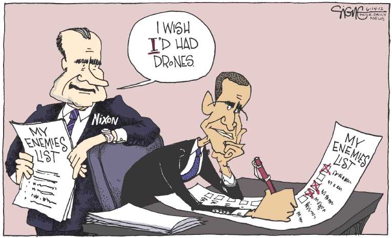 Political/Editorial Cartoon by Signe Wilkinson, Philadelphia Daily News on Obama Defends Kill List