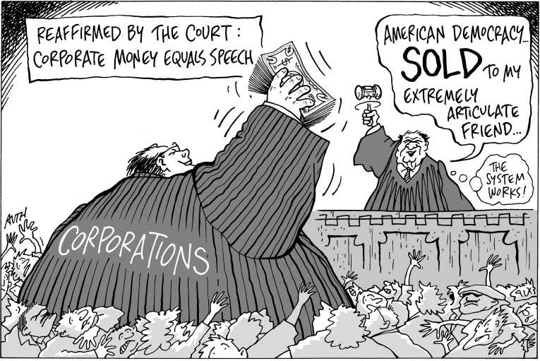 Political Cartoon on 'Supreme Court Rules: Money Talks' by Tony Auth,  Philadelphia Inquirer at The Comic News