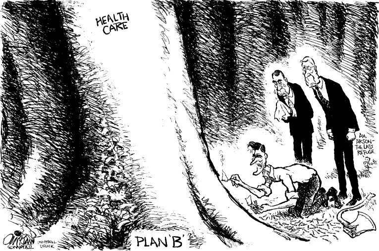 Political/Editorial Cartoon by Pat Oliphant, Universal Press Syndicate on Romney Vows to Repeal ObamaCare
