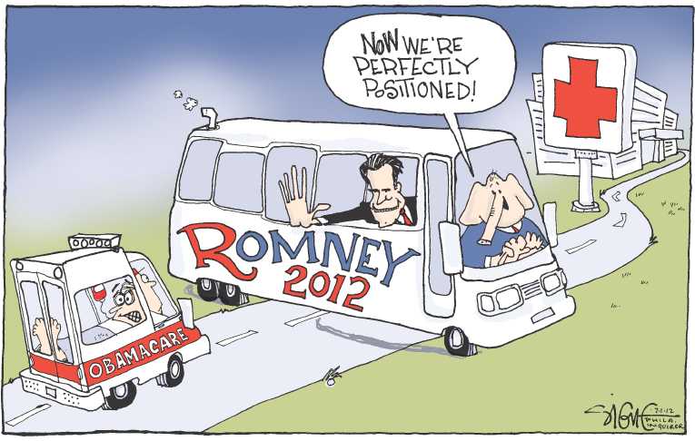 Political/Editorial Cartoon by Signe Wilkinson, Philadelphia Daily News on Romney Vows to Repeal ObamaCare