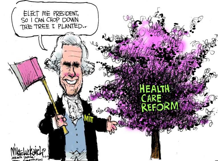 Political/Editorial Cartoon by Mike Luckovich, Atlanta Journal-Constitution on Romney Vows to Repeal ObamaCare