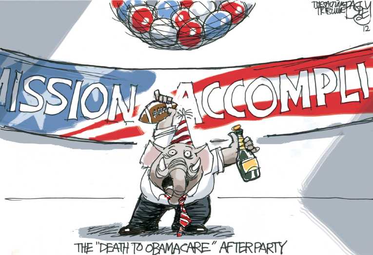 Political/Editorial Cartoon by Pat Bagley, Salt Lake Tribune on ObamaCare Upheld!