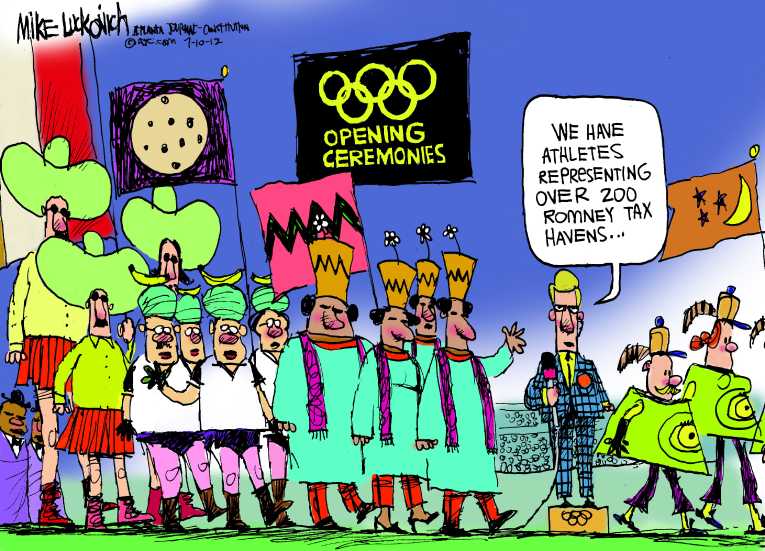 Political/Editorial Cartoon by Mike Luckovich, Atlanta Journal-Constitution on Romney Defends Foreign Accounts