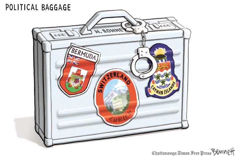 Political/Editorial Cartoon by Clay Bennett, Chattanooga Times Free Press on Romney Defends Foreign Accounts