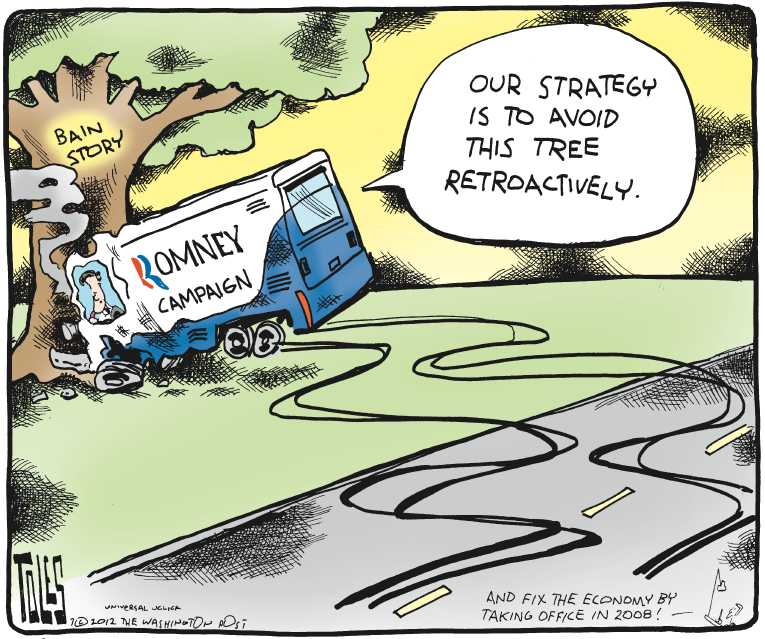 Political/Editorial Cartoon by Tom Toles, Washington Post on Romney Goes on the Defensive