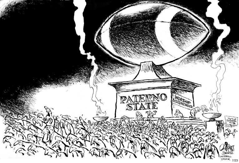 Political/Editorial Cartoon by Pat Oliphant, Universal Press Syndicate on NCAA Punishes Penn State