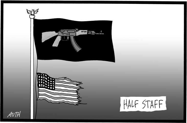 Political/Editorial Cartoon by Tony Auth, Philadelphia Inquirer on Colorado Massacre Claims 12 Lives