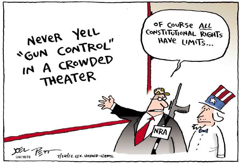 Political/Editorial Cartoon by Joel Pett, Lexington Herald-Leader, CWS/CartoonArts Intl. on Colorado Massacre Claims 12 Lives