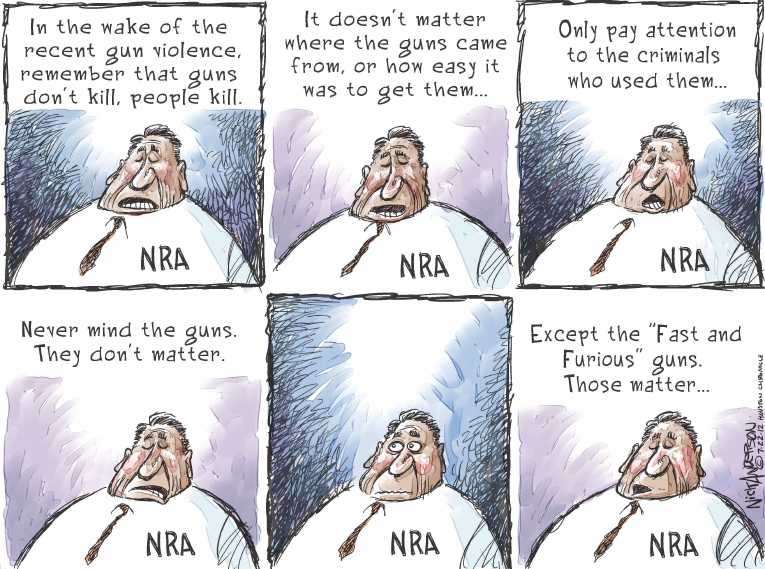 Political/Editorial Cartoon by Nick Anderson, Houston Chronicle on Colorado Massacre Claims 12 Lives