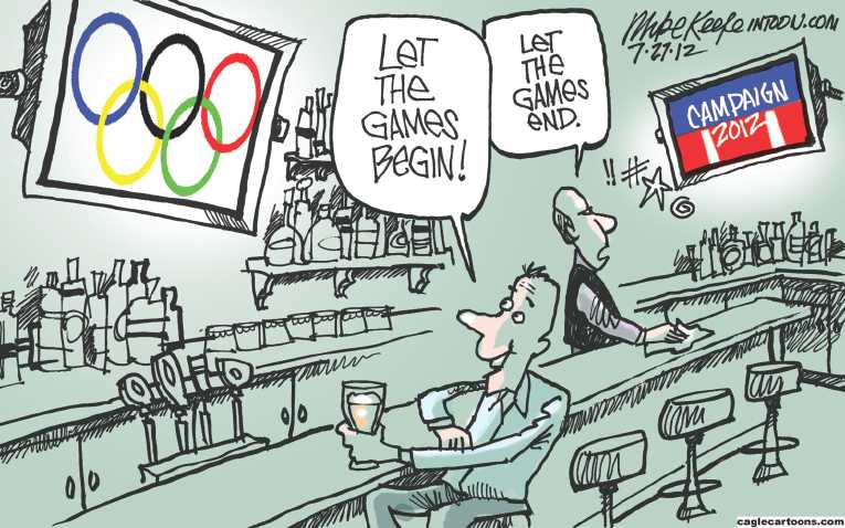 Political/Editorial Cartoon by Mike Keefe, Denver Post on 2012 Summer Olympics Commence