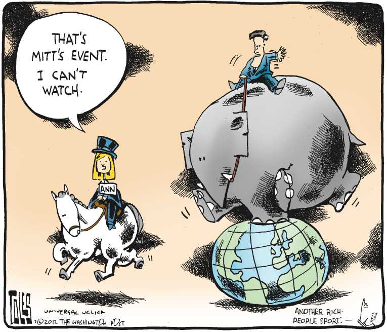 Political/Editorial Cartoon by Tom Toles, Washington Post on Romney Impresses Abroad!