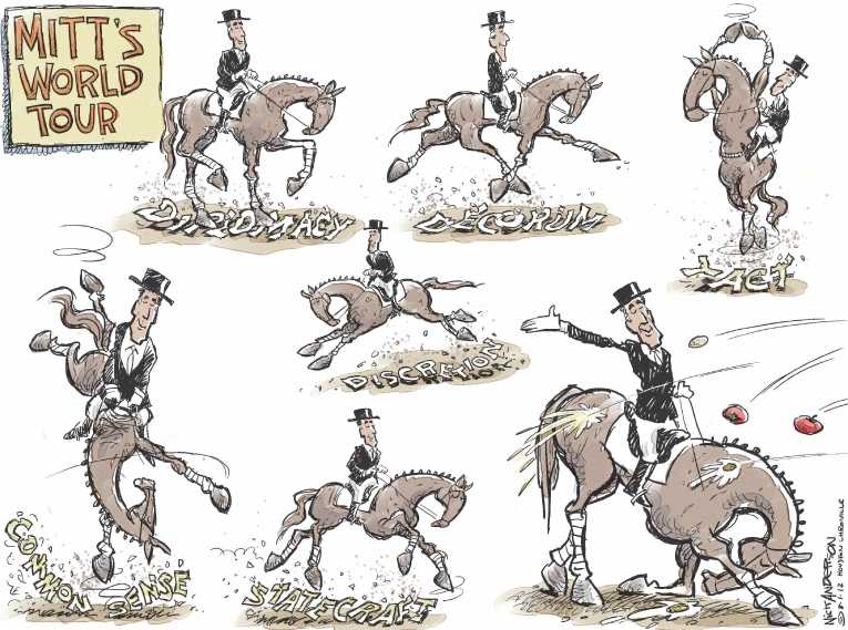 Political/Editorial Cartoon by Nick Anderson, Houston Chronicle on Romney Impresses Abroad!