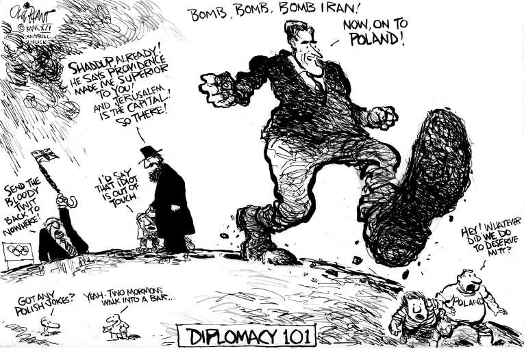 Political/Editorial Cartoon by Pat Oliphant, Universal Press Syndicate on Romney Impresses Abroad!