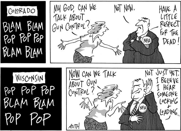 Political/Editorial Cartoon by Tony Auth, Philadelphia Inquirer on Gunman Kills 6 In Wisconsin