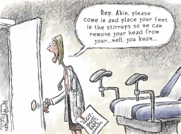 Political/Editorial Cartoon by Nick Anderson, Houston Chronicle on Rape Comments Derail Akin