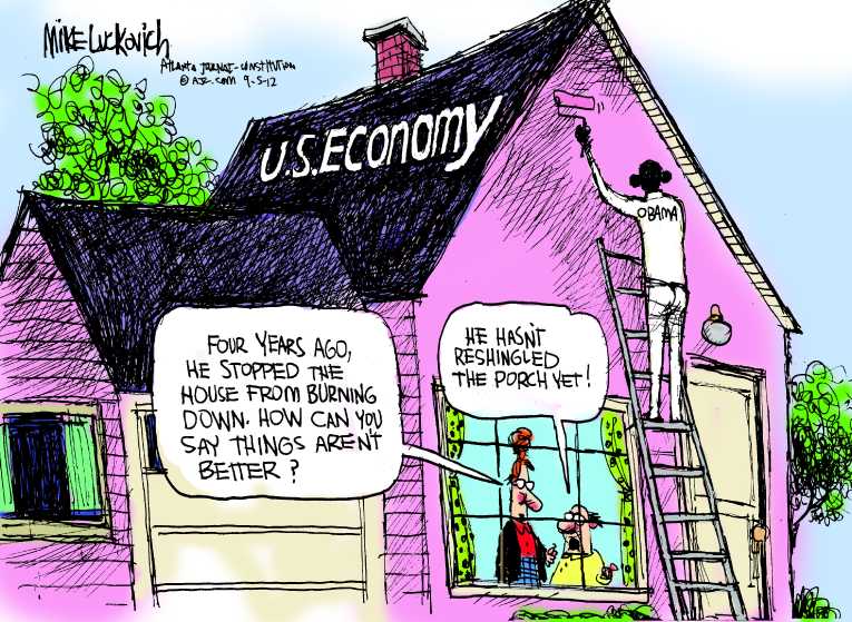 Political/Editorial Cartoon by Mike Luckovich, Atlanta Journal-Constitution on Obama Positioning for Election
