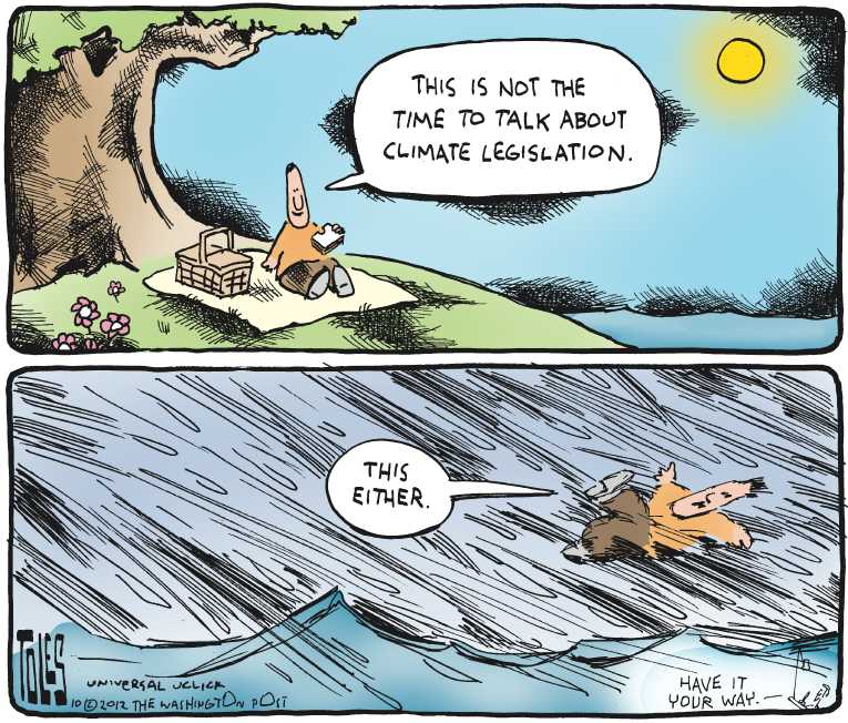 Political/Editorial Cartoon by Tom Toles, Washington Post on Sandy Decimates Northeast