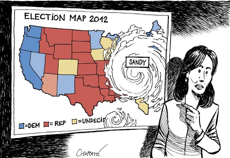 Political/Editorial Cartoon by Patrick Chappatte, International Herald Tribune on Sandy Decimates Northeast