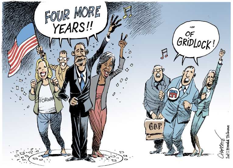 Political/Editorial Cartoon by Patrick Chappatte, International Herald Tribune on Obama Defeats Romney