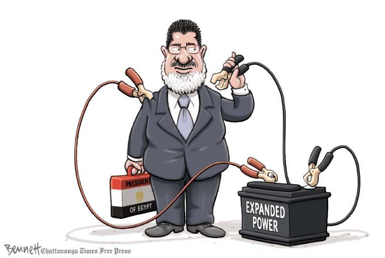Political/Editorial Cartoon by Clay Bennett, Chattanooga Times Free Press on Morsi Claims Broad Powers