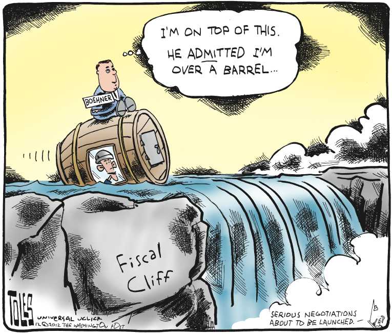 Political/Editorial Cartoon by Tom Toles, Washington Post on Fiscal Cliff Looms