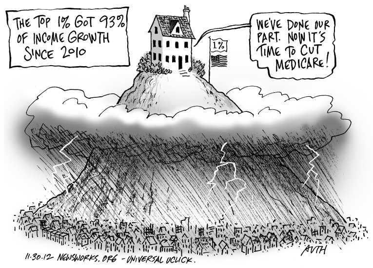 Political/Editorial Cartoon by Tony Auth, Philadelphia Inquirer on Fiscal Cliff Looms