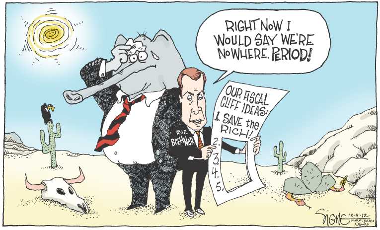 Political/Editorial Cartoon by Signe Wilkinson, Philadelphia Daily News on Fiscal Cliff Looms