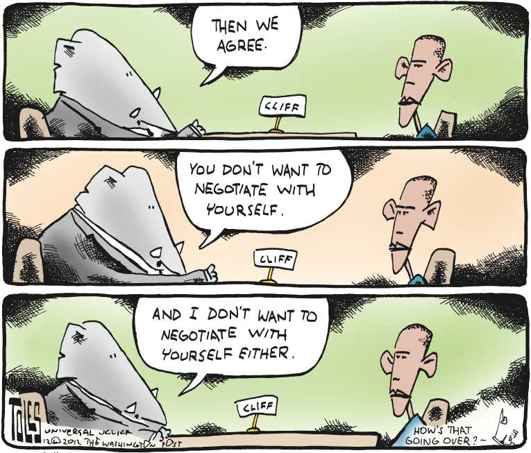 Political/Editorial Cartoon by Tom Toles, Washington Post on Fiscal Cliff Looms