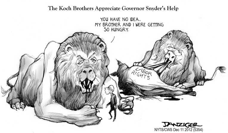 Political/Editorial Cartoon by Jeff Danziger, CWS/CartoonArts Intl. on Michigan Passes Anti-Union Laws