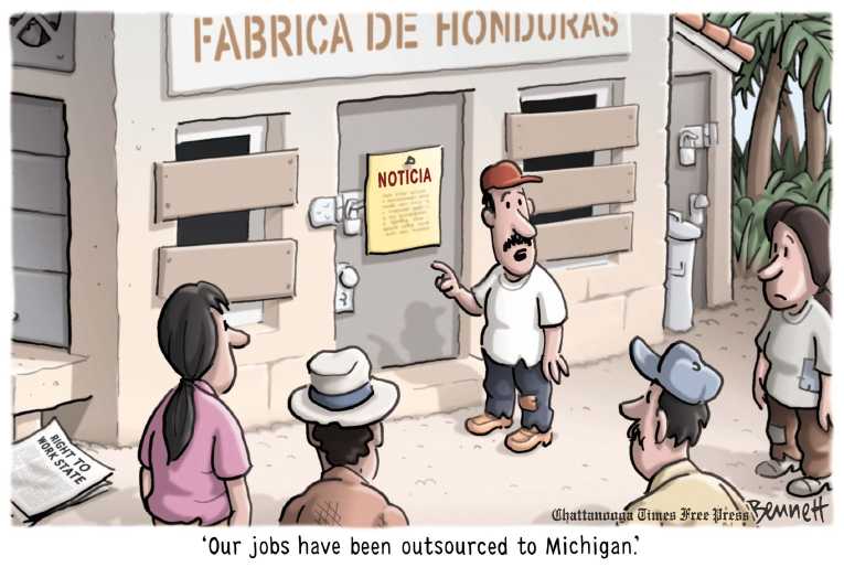 Political/Editorial Cartoon by Clay Bennett, Chattanooga Times Free Press on Michigan Passes Anti-Union Laws