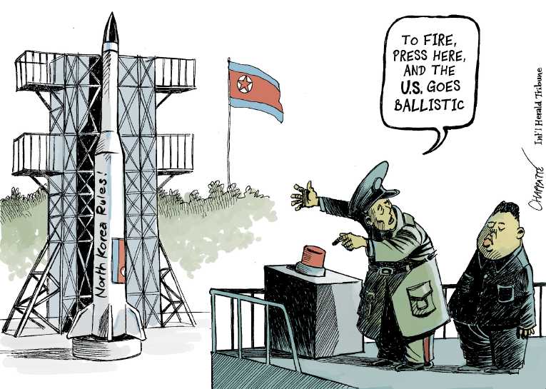 Political/Editorial Cartoon by Patrick Chappatte, International Herald Tribune on North Korea Test Fires Missile