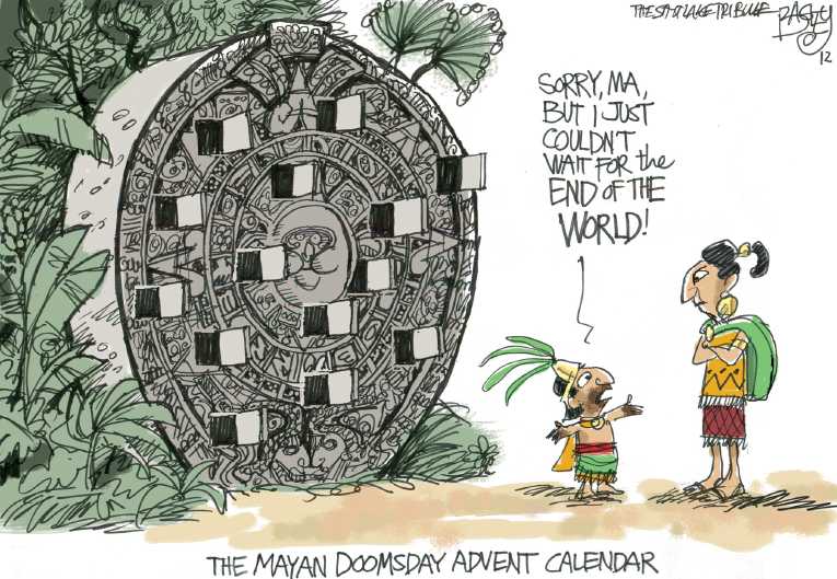 Political/Editorial Cartoon by Pat Bagley, Salt Lake Tribune on Mayan Mystery Solved
