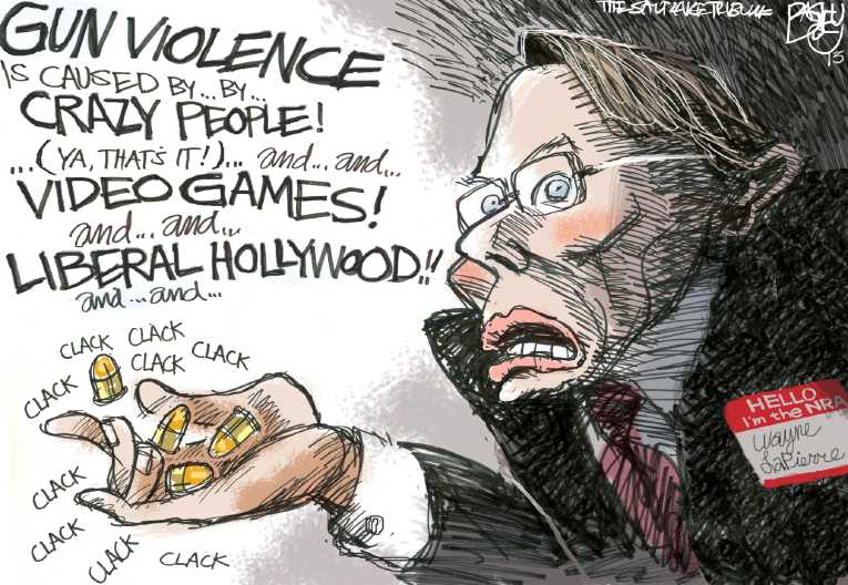 Political/Editorial Cartoon by Pat Bagley, Salt Lake Tribune on Gun Battle Rages