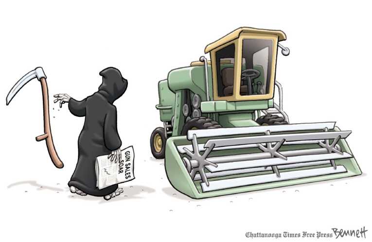 Political/Editorial Cartoon by Clay Bennett, Chattanooga Times Free Press on Gun Battle Rages