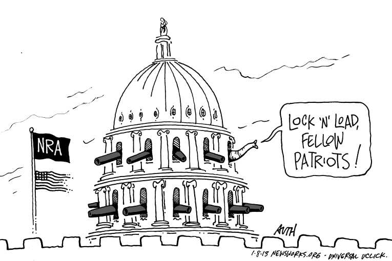 Political/Editorial Cartoon by Tony Auth, Philadelphia Inquirer on Gun Battle Rages