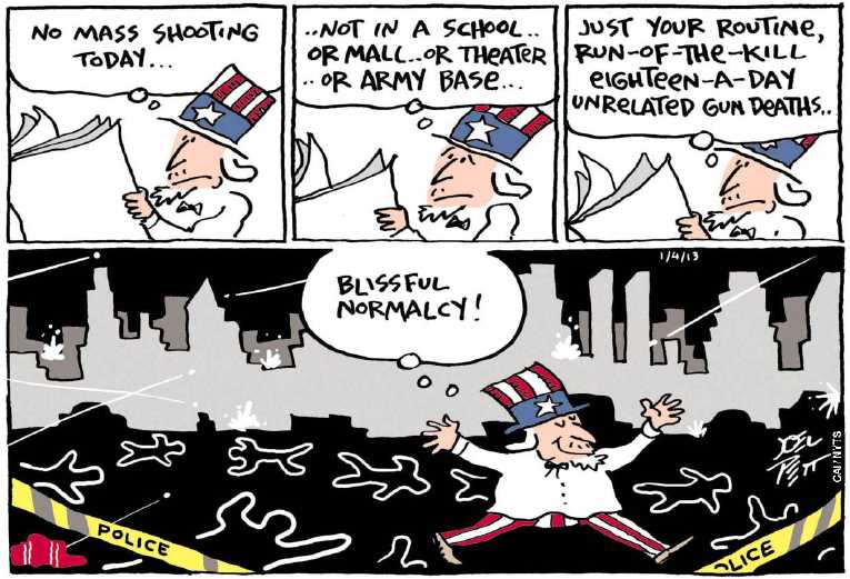 Political/Editorial Cartoon by Joel Pett, Lexington Herald-Leader, CWS/CartoonArts Intl. on Gun Battle Rages