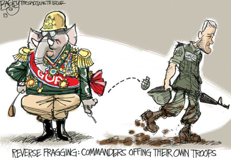 Political/Editorial Cartoon by Pat Bagley, Salt Lake Tribune on Hagel Nomination in Peril