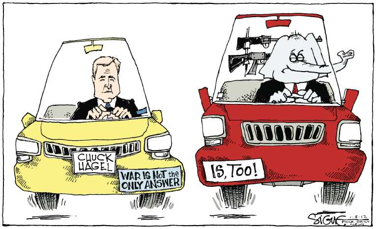 Political/Editorial Cartoon by Signe Wilkinson, Philadelphia Daily News on Hagel Nomination in Peril