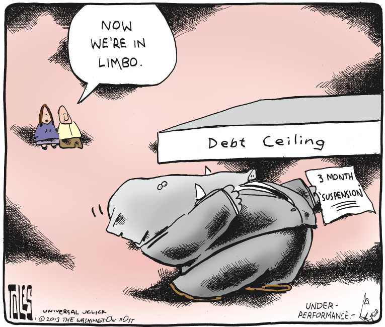 Political/Editorial Cartoon by Tom Toles, Washington Post on Debt Ceiling Deal Reached