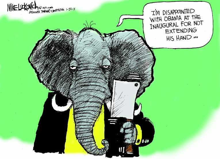 Political/Editorial Cartoon by Mike Luckovich, Atlanta Journal-Constitution on Obama Inaugurated