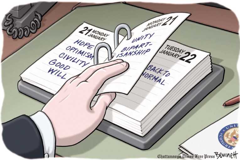 Political/Editorial Cartoon by Clay Bennett, Chattanooga Times Free Press on Obama Inaugurated