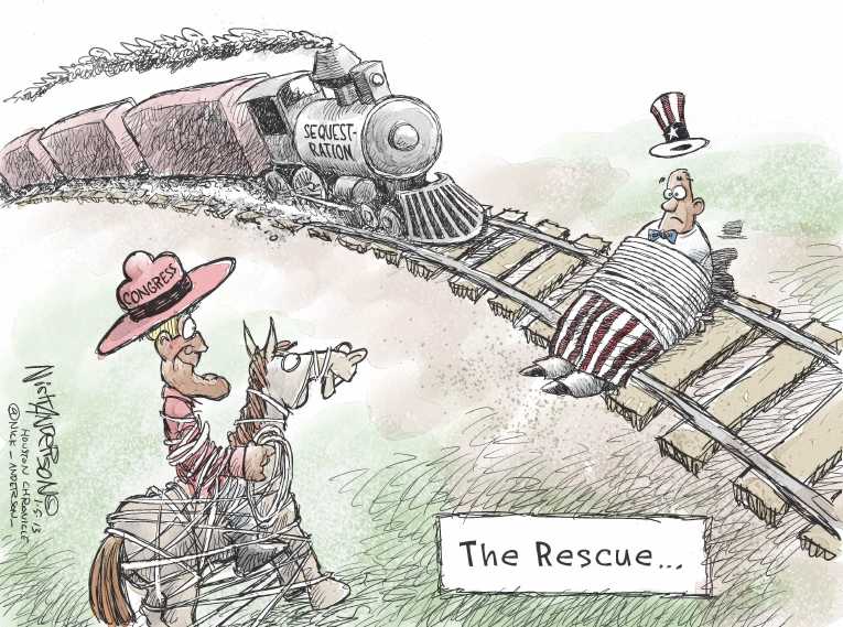 Political/Editorial Cartoon by Nick Anderson, Houston Chronicle on Budget Battle Escalates