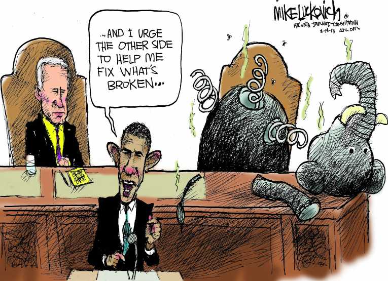 Political/Editorial Cartoon by Mike Luckovich, Atlanta Journal-Constitution on Obama Defines Goals