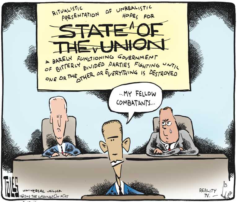 Political/Editorial Cartoon by Tom Toles, Washington Post on Obama Defines Goals
