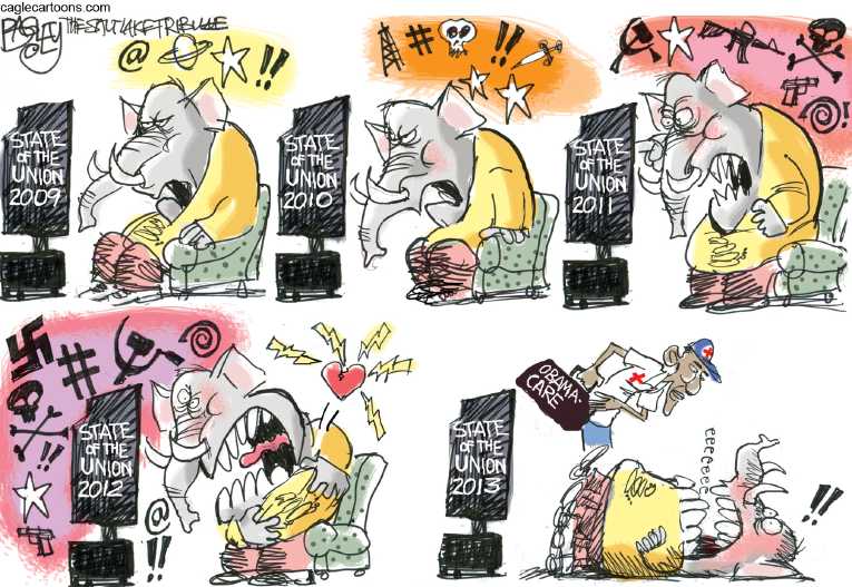 Political/Editorial Cartoon by Pat Bagley, Salt Lake Tribune on Obama Defines Goals
