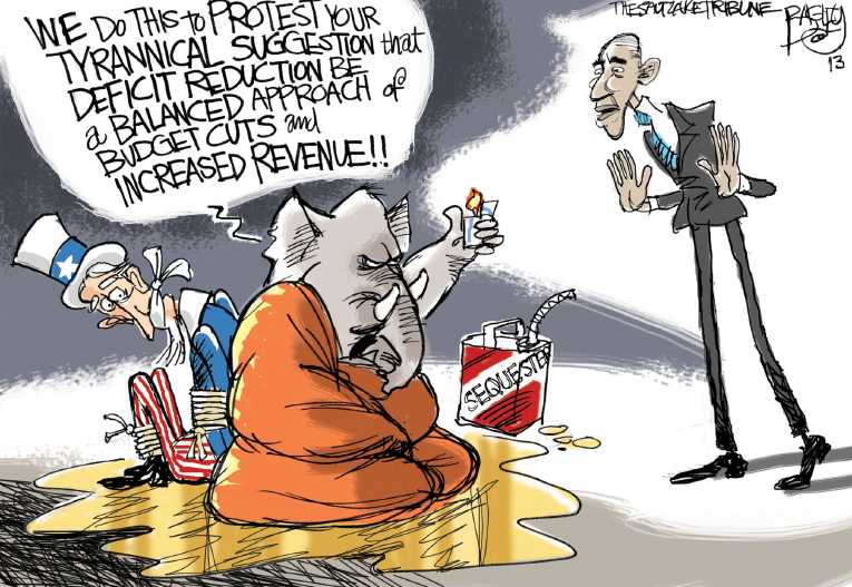 Political/Editorial Cartoon by Pat Bagley, Salt Lake Tribune on Sequester Deadline Nears