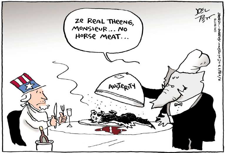 Political/Editorial Cartoon by Joel Pett, Lexington Herald-Leader, CWS/CartoonArts Intl. on Sequester Deadline Nears