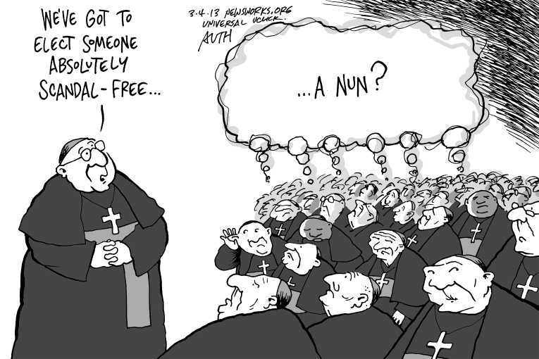 Political/Editorial Cartoon by Tony Auth, Philadelphia Inquirer on Search for New Pope Continues